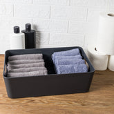 Ordnungsbox mit Beschriftungsclips anthrazit - 39,5x24,5x12cm - in Lederoptik - Schubladenorganizer Ordnungskorb Organizerbox - Ordnungssystem